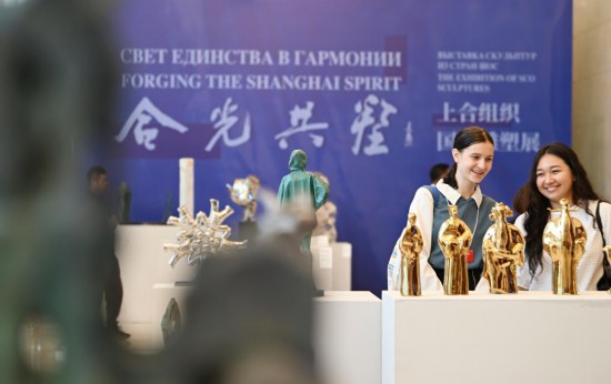 2025年7月23日,2025上合组织国家文明对话在天津举行,参会者在“合光共塑”上合组织国家雕塑展上参观。新华社记者 李然 摄
